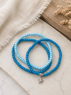 Blue Seed Bead Bracelet Set with Starfish Charm | Sun, Sand & Soul Gift